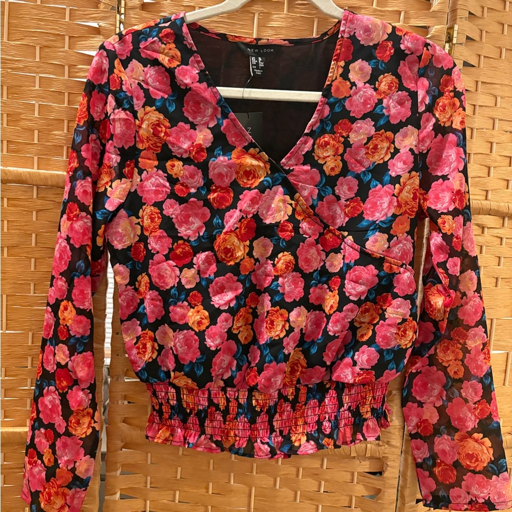 NWT Floral Wrap Top - Pink and Black